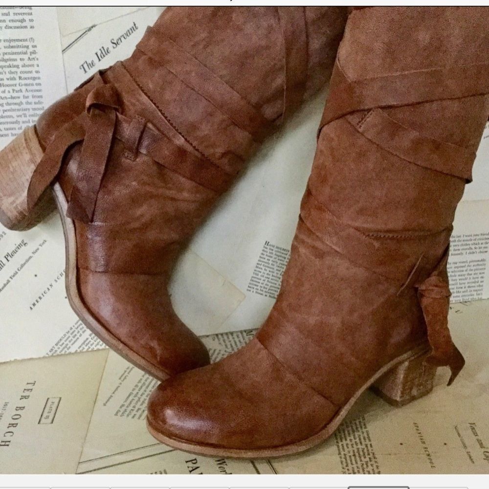 AS 98  Leather Wrap Tie Pull On Tall Heel Boots 39 - Picture 7 of 8